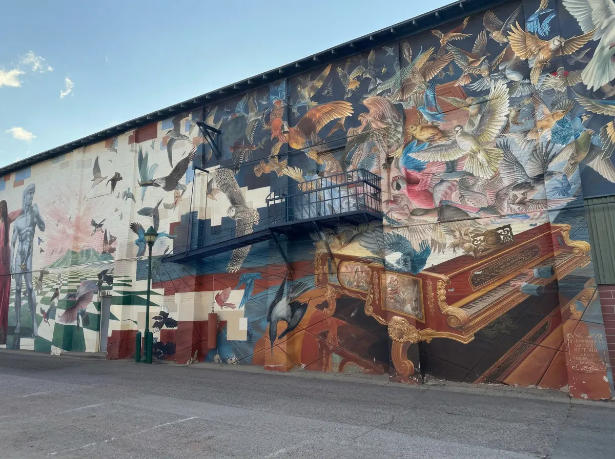 The Sound of Flight mural by Sky Black and Mural Mice covering a full wall in downtown Flagstaff